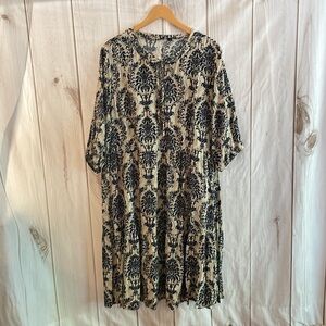 Bloomchic Boho Print Tie Knot Puff Sleeve Dress Blue & Cream 2X 18/20 Plus EUC